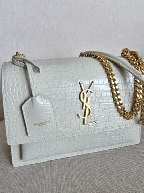 Saint Laurent SUNSET Cream Croc-Embossed Leather Shoulder Bag with Gold Chain